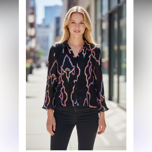 Catherine Malandrino Retro Black Crinkle Button-Down Long Sleeve Blouse … - Picture 14 of 14